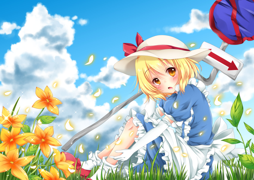 1girl, apron, blonde_hair, blue_dress, blue_sky, clouds, dress, elbow_gloves, flower, gloves, grass, hat, hat_ribbon, highres, kana_anaberal, looking_at_viewer, open_mouth, puffy_sleeves, ribbon, road_sign, short_sleeves, sign, sisterakuma, sitting, sky, solo, touhou, touhou_(pc-98), white_background, yellow_eyes