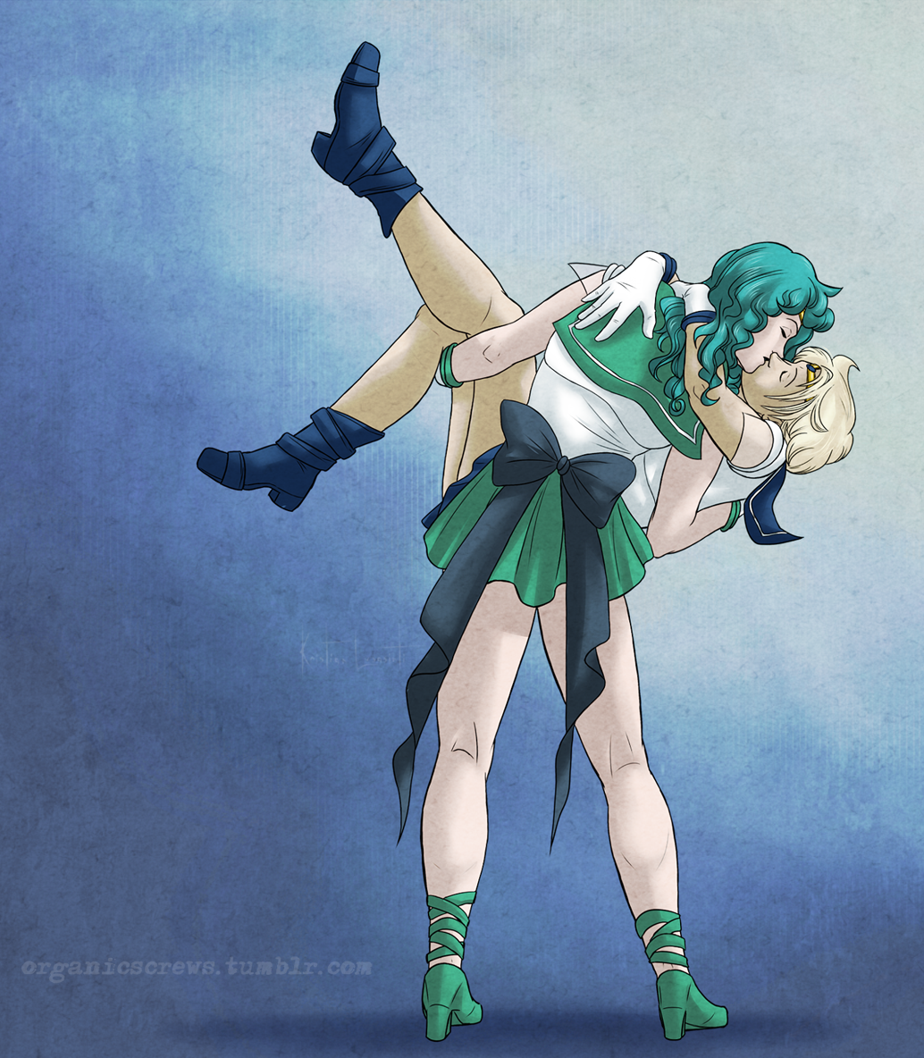 2girls, bishoujo_senshi_sailor_moon, blonde_hair, carrying, chronomorphosis, closed_eyes, gloves, green_hair, kaiou_michiru, kiss, magical_girl, multiple_girls, pale_skin, princess_carry, sailor_neptune, sailor_uranus, skirt, ten'ou_haruka, tiara, watermark, web_address, white_gloves, yuri