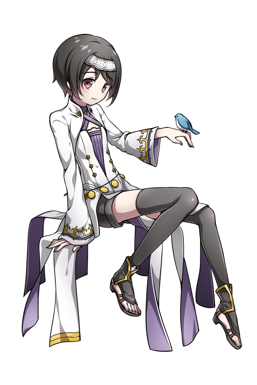 1boy, aoilio, bird, black_hair, black_legwear, brown_eyes, charlotte_(unlight), crossdressinging