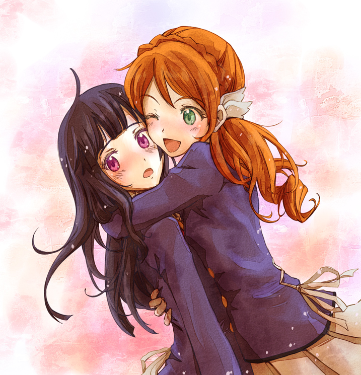 1girl, 2girls, aikatsu!, black_hair, blue_hair, braid, green_eyes, hair_ornament, himuro_asami, hug, long_hair, multiple_girls, open_mouth, orange_hair, ploki, school_uniform, skirt, smile, tachibana_michelle, violet_eyes, wink