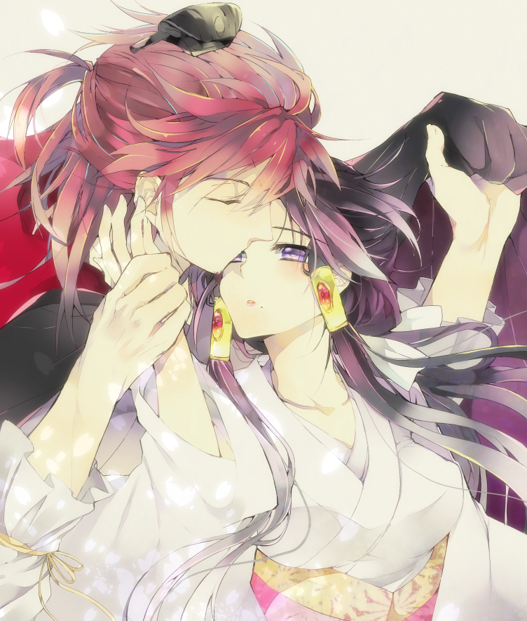 black_hair, cape, closed_eyes, couple, hair_tubes, holding, japanese_clothes, long_hair