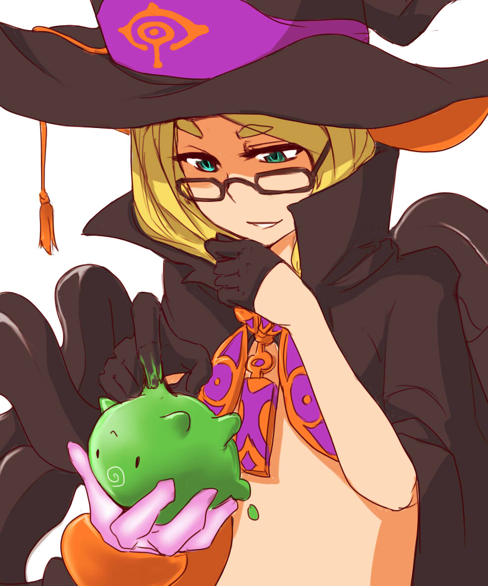 1girl, black_gloves, blonde_hair, cloak, glasses, gloves, green_eyes, half_gloves