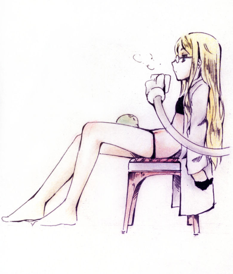 1girl, black_bra, black_gloves, black_panties, blonde_hair, blue_eyes, bra, chair