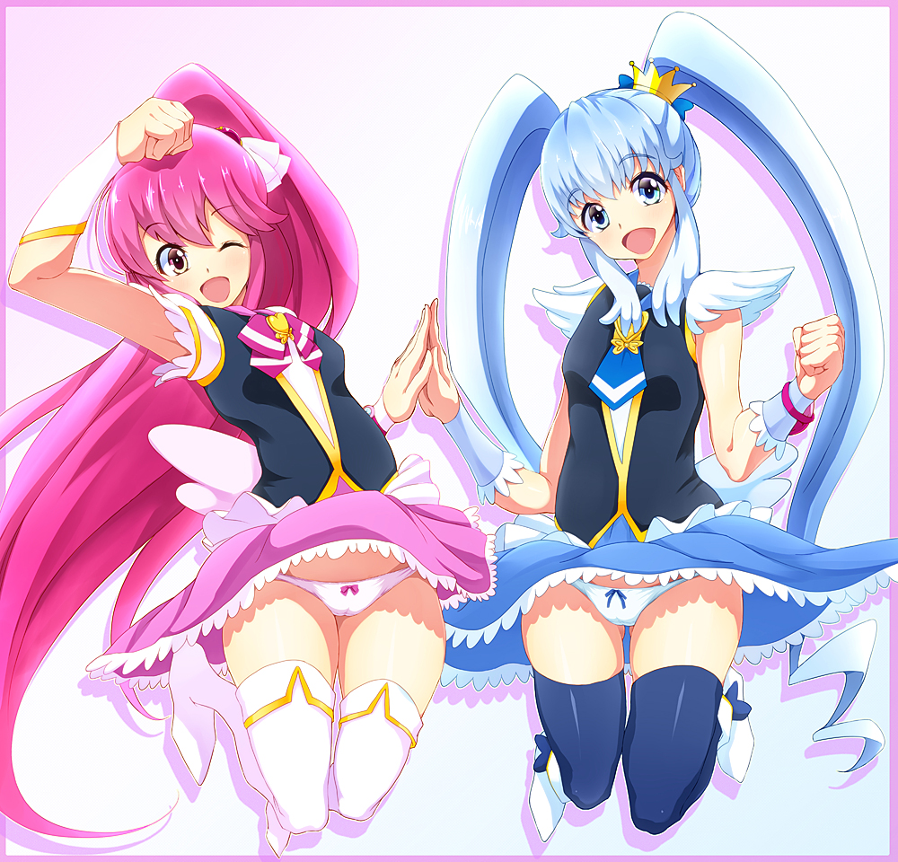 2girls, aino_megumi, blue_background, blue_eyes, blue_hair, blue_legwear, blue_skirt, boots