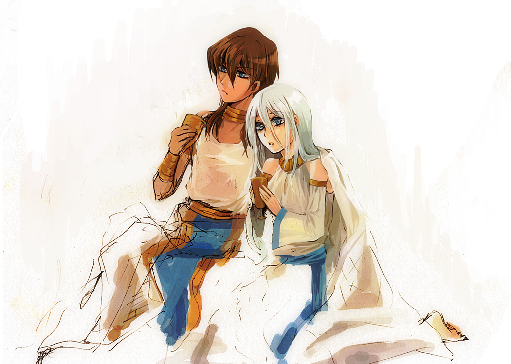 1boy, 1girl, barefoot, blue_eyes, brown_hair, couple, cup, detached_sleeves