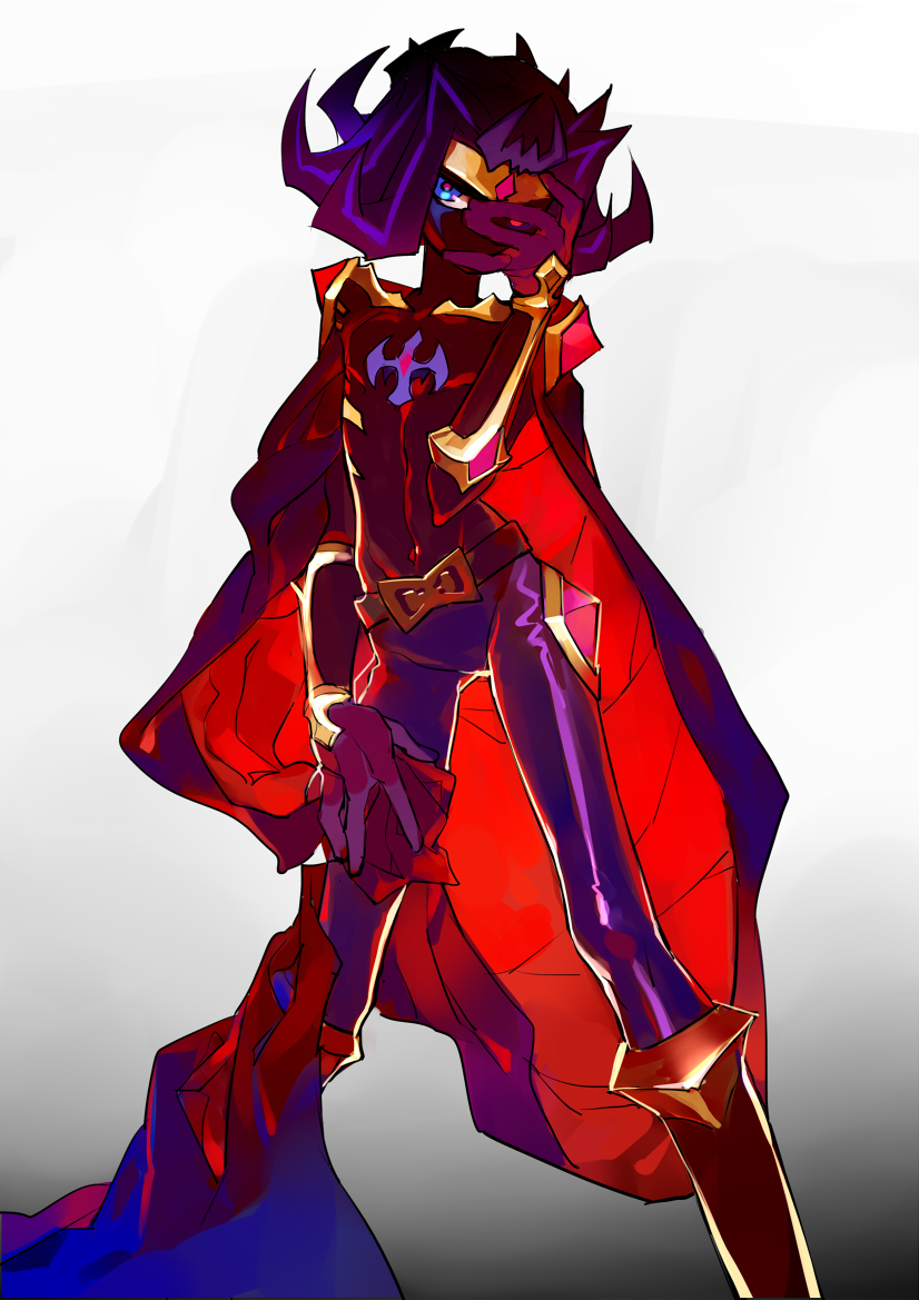1boy, alternate_costume, belt, blue_eyes, cape, contrapposto, covering_face, fabulous