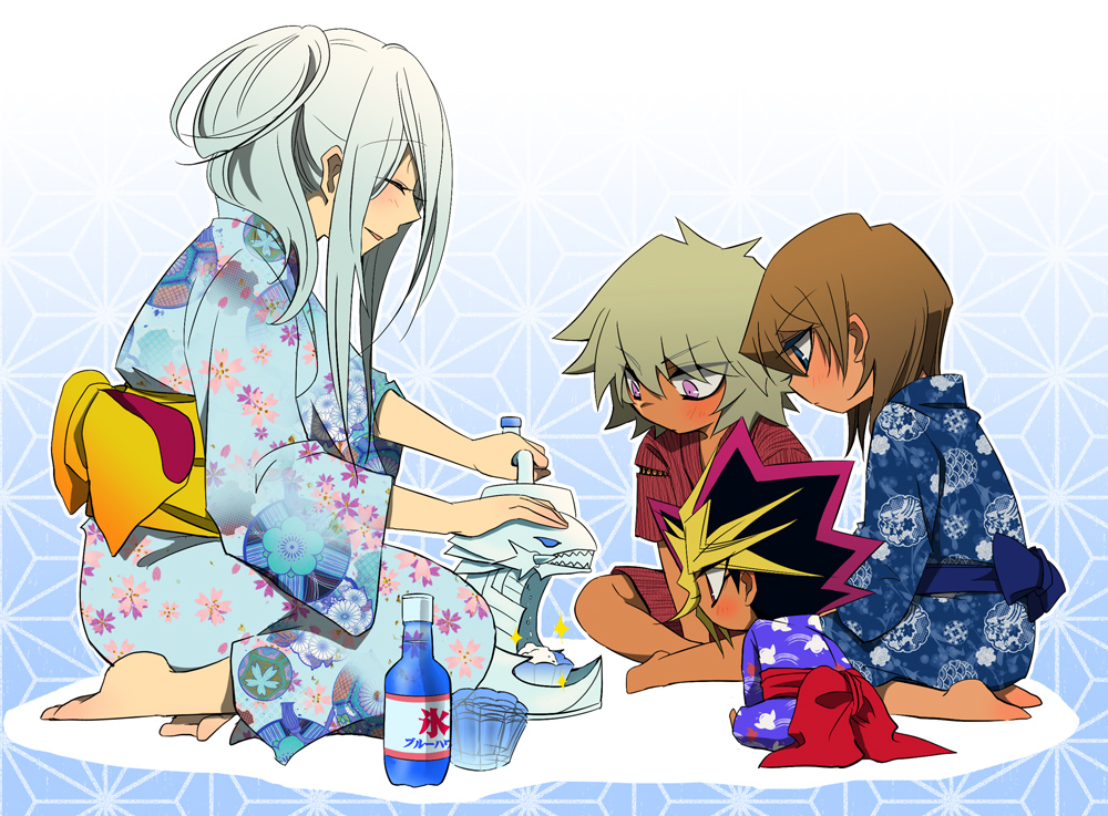 922teruteru, atem, barefoot, blue_hair, child, closed_eyes, japanese_clothes, kisara, long_hair, priest_seto, shaved_ice, sitting, smile, tan, thief_king_bakura, yuu-gi-ou, yuu-gi-ou_duel_monsters