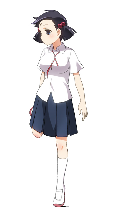 1girl, adjusting_clothes, adjusting_shoe, black_hair, blue_eyes, blush, hair_bobbles, hair_ornament