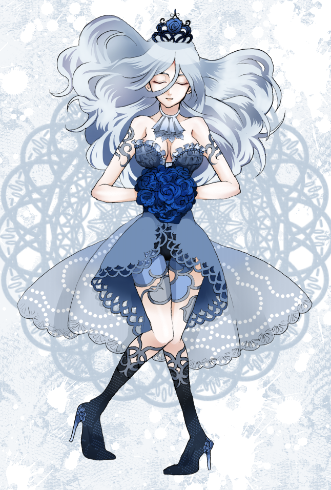 1girl, bare_shoulders, blue_hair, boots, bouquet, breasts, cleavage, closed_eyes, cravat, dress, flower, high_heels, kisara, long_hair, ninagawa_azura, solo, tiara, yuu-gi-ou, yuu-gi-ou_duel_monsters