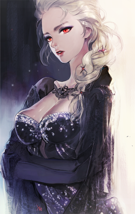 1girl, blonde_hair, braid, breasts, dark_persona, dress, elsa_(frozen), frozen_(disney)