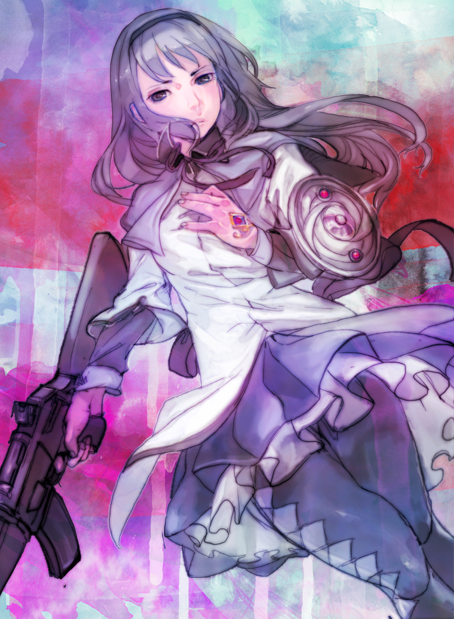 akemi_homura, argyle, argyle_legwear, assault_rifle, black_hair, capelet, gun, hairband