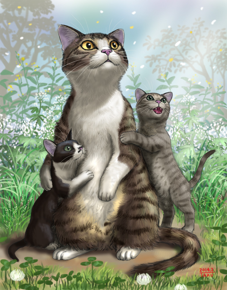 cat, commentary_request, field, flower, flower_field, green_eyes, kitten, matataku