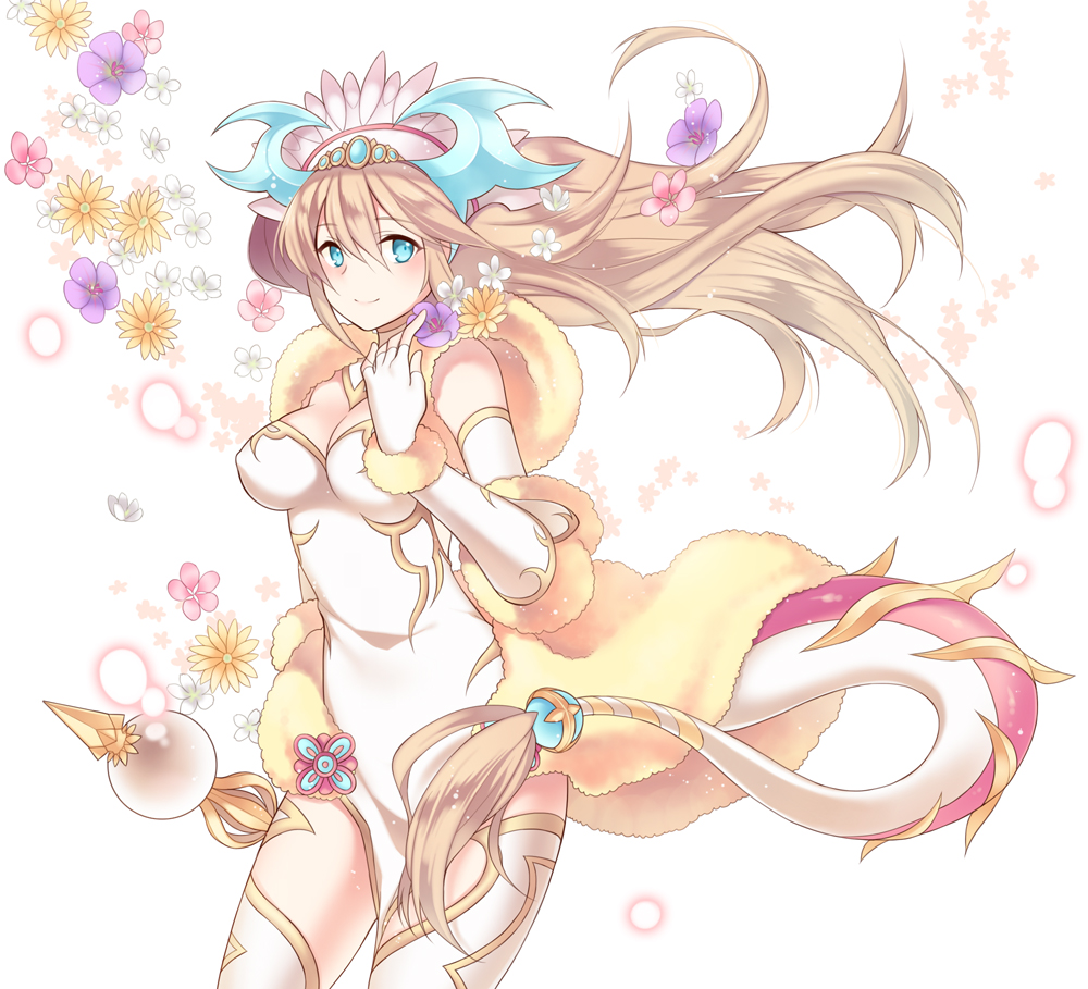 1girl, bare_shoulders, blonde_hair, blue_eyes, breasts, cleavage, hair_ornament, kaki_s