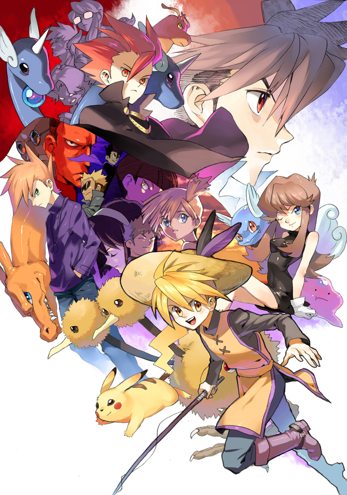 6+boys, 6+girls, anzu_(pokemon), arched_back, backwards_hat, bangs, baseball_cap, black_hair, blonde_hair, blue_(pokemon), blue_eyes, blunt_bangs, bob_cut, boots, brown_hair, cape, charizard, ditto, doduo, dragonair, dragonite, dress, erika_(pokemon), feathers, glasses, gloves, green_eyes, hairband, hand_in_pocket, hat, kanna_(pokemon), kasumi_(pokemon), katsura_(pokemon), kikuko_(pokemon), kushabiria, kyou_(pokemon), long_hair, machisu_(pokemon), multiple_boys, multiple_girls, natsume_(pokemon), ookido_green, orange_hair, pikachu, poke_ball, pokemon, pokemon_(creature), pokemon_special, profile, red_(pokemon), red_eyes, redhead, sakaki_(pokemon), scarf, shiba_(pokemon), side_ponytail, smile, spiky_hair, straw_hat, sunglasses, takeshi_(pokemon), tunic, turtleneck, wartortle, wataru_(pokemon), wink, yellow_(pokemon), yellow_eyes