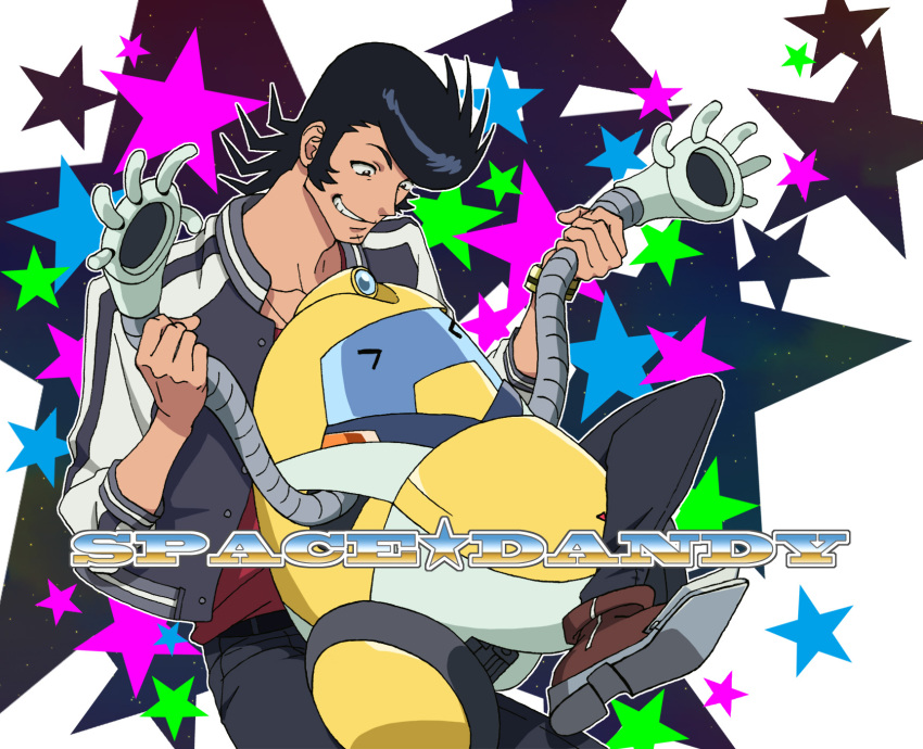 >_<, 1boy, arm_grab, black_hair, copyright_name, dandy_(space_dandy), grin, highres