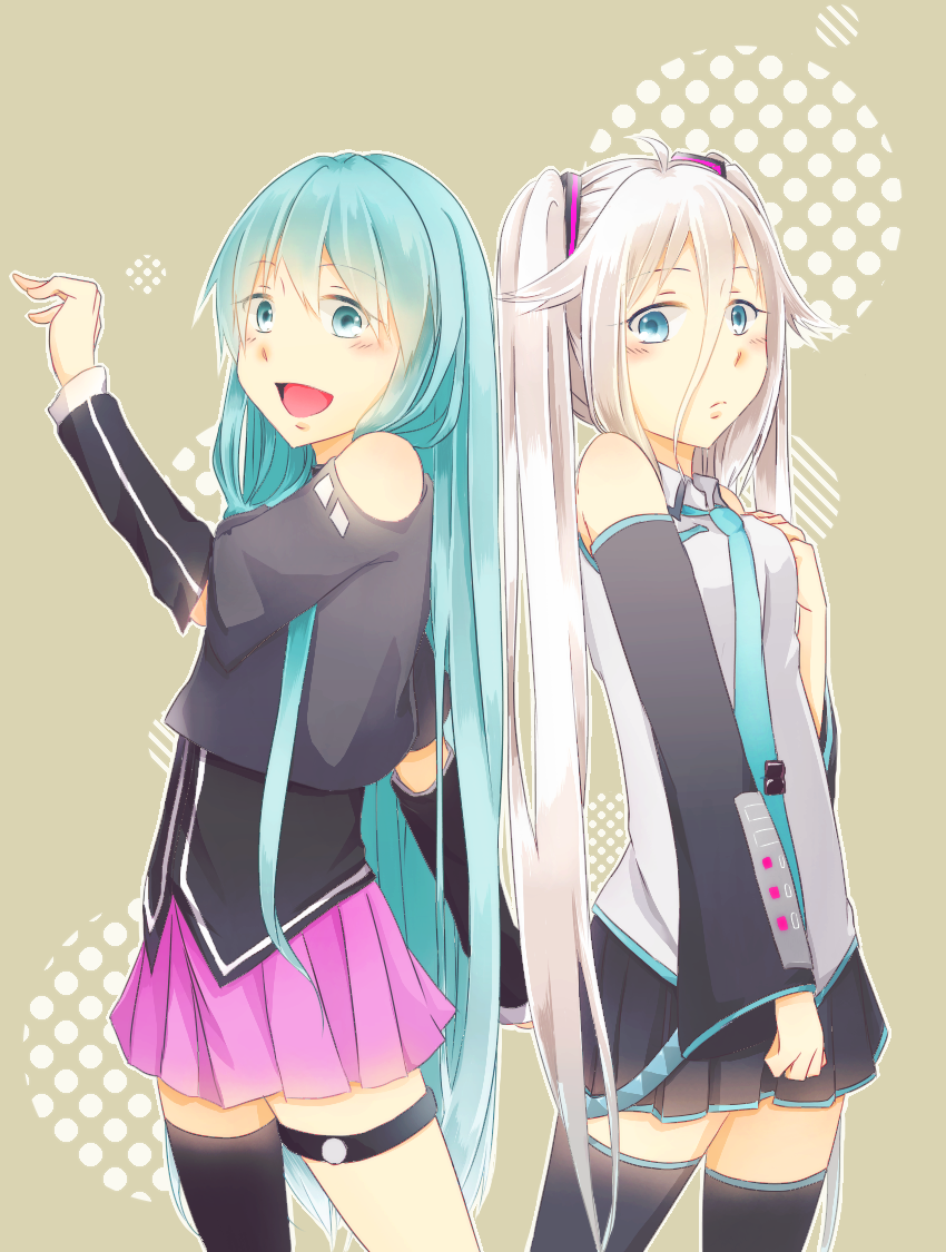 2girls, :d, aqua_eyes, blue_eyes, blush, cosplay, detached_sleeves, hatsune_miku