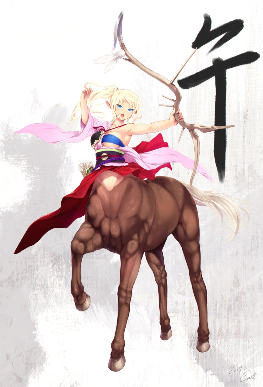 1girl, arrow, blonde_hair, blue_eyes, bow_(weapon), breasts, cait, centaur