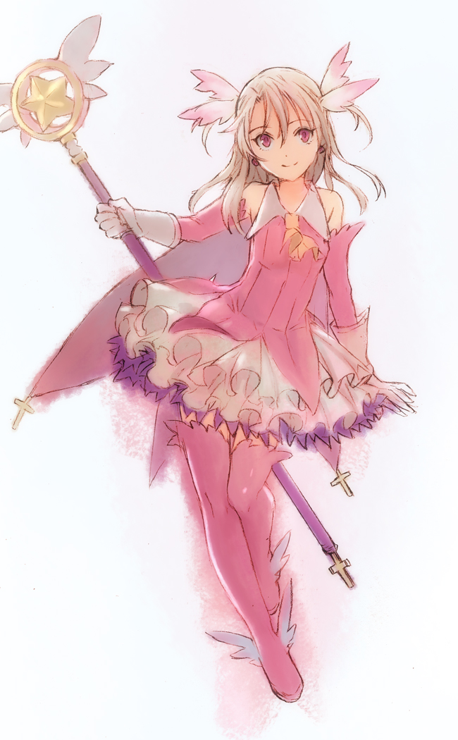 1girl, ankle_wings, bare_shoulders, blonde_hair, boots, fate/kaleid_liner_prisma_illya, fate_(series), frills