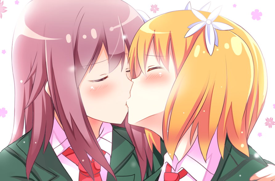 2girls, blazer, blonde_hair, blush, closed_eyes, flower, hair_flower, hair_ornament, kiss, long_hair, manatsu_no_yoru_no_inmu, multiple_girls, necktie, parody, redhead, revision, sakura_trick, school_uniform, shinekalta, short_hair, sonoda_yuu, takayama_haruka, twintails, yuri