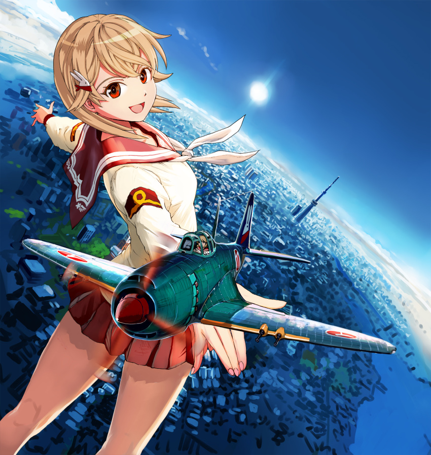 1girl, airplane, armband, back, brown_hair, city, cityscape, clouds, cover, cover_page, from_above, hagoromo_maki, hair_ornament, hairpin, highres, horizon, kawanishi_shidenkai, kneepits, looking_back, nogami_takeshi, open_mouth, original, outstretched_arms, pleated_skirt, reaching, red_eyes, scenery, school_uniform, shidenkai_no_maki, short_hair, skirt, sky, smile, solo, spread_arms, sunbeam, sunlight, tokyo_(city), tokyo_sky_tree, tower