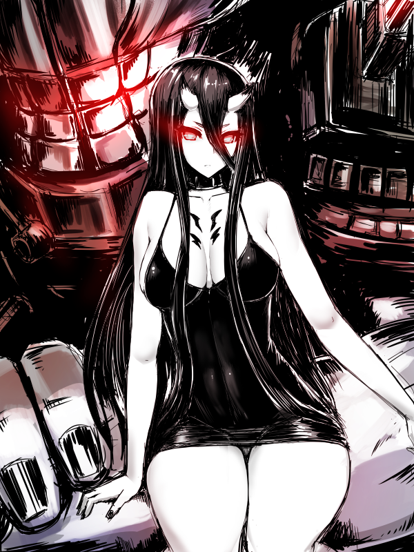 1girl, bare_shoulders, battleship-symbiotic_hime, black_dress, black_hair, breasts, breasts_apart, choker