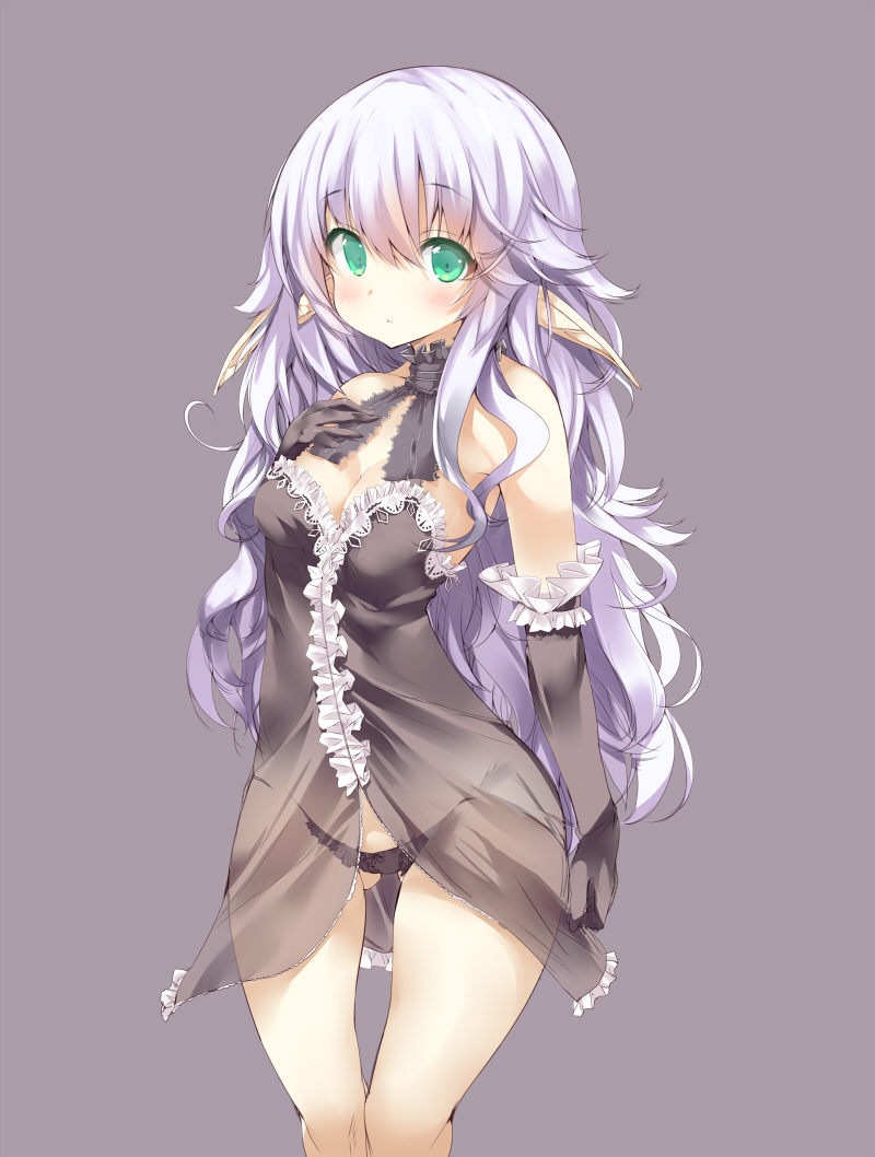 1girl, bare_shoulders, blush, breasts, cleavage, elbow_gloves, gloves, green_eyes