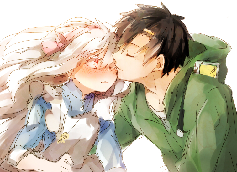 1boy, 1girl, akizuki_buranko, black_hair, blush, closed_eyes, couple, dress