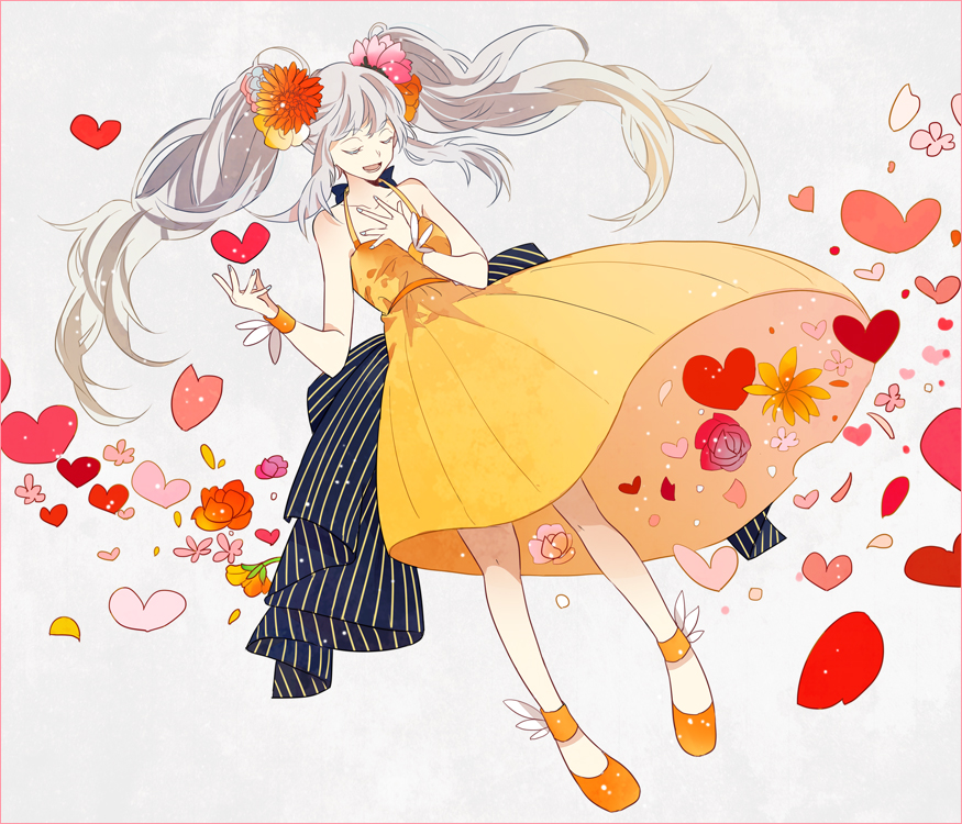 1girl, ai_kotoba_(vocaloid), amane_mio, closed_eyes, dress, flower, grey_hair, hatsune_miku