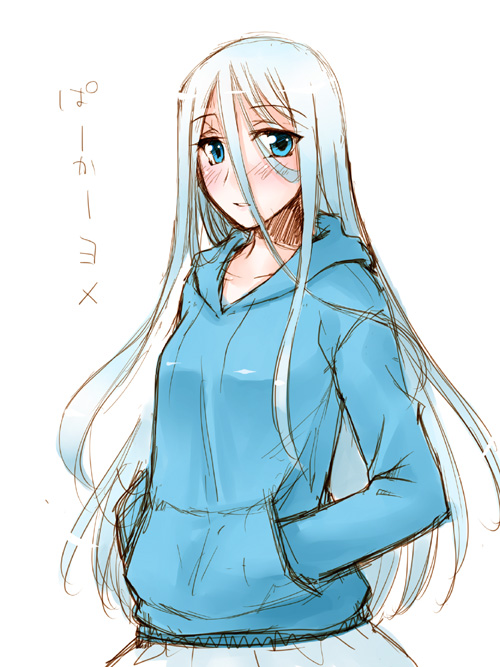 1girl, blue_eyes, blue_hair, blush, hands_in_pockets, hoodie, kisara, long_hair