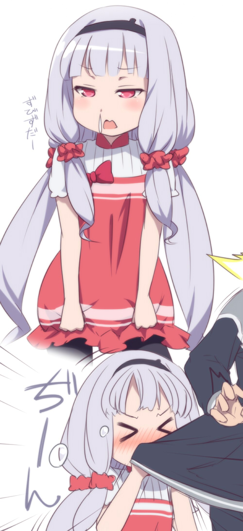 >_<, 1boy, 1girl, black_legwear, blowing_nose, blush, closed_eyes, hoshimiya_kate, jimon_asuta, long_hair, open_mouth, payot, red_eyes, sekai_seifuku:_bouryaku_no_zvezda, shirt_grab, sick, silver_hair, simple_background, solo, tori_(minamopa), twintails, white_background