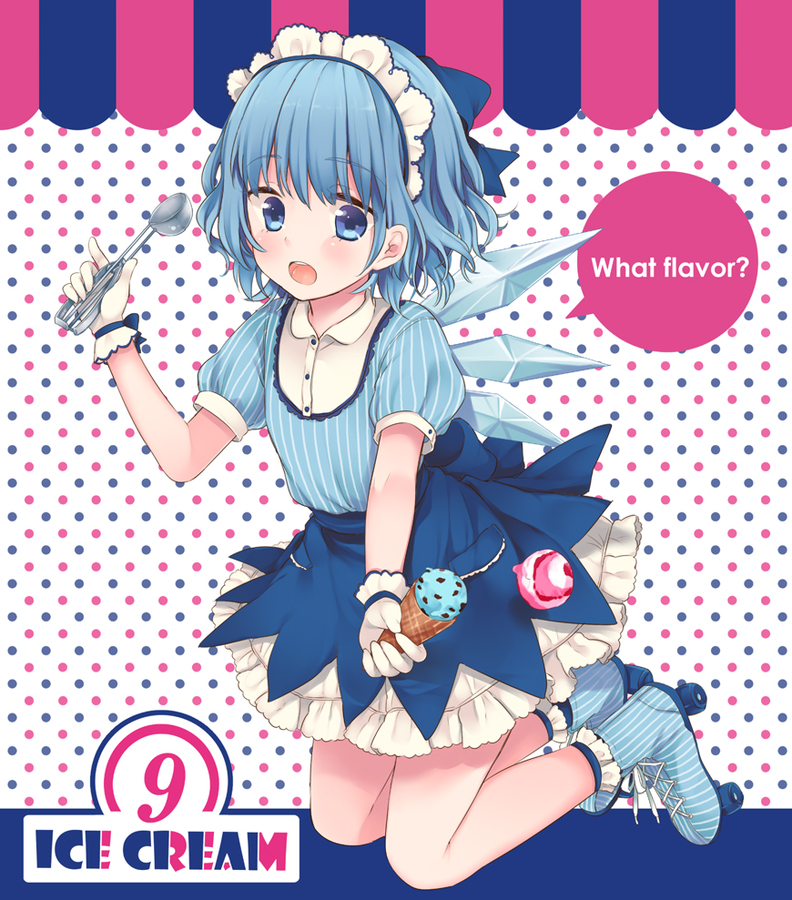 1girl, adapted_costume, baskin_robbins, blue_eyes, blue_hair, cirno, hair_bun, ice, ice_cream_cone, ice_cream_scoop, ice_wings, looking_at_viewer, maid_headdress, maki_(natoriumu), open_mouth, parody, puffy_sleeves, roller_skates, shirt, short_sleeves, skates, skirt, solo, touhou, wings, wrist_cuffs
