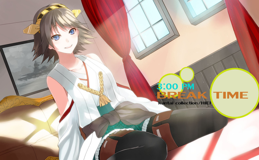 bare_shoulders, black_legwear, blue_eyes, brown_hair, couch, curtains, detached_sleeves, hairband