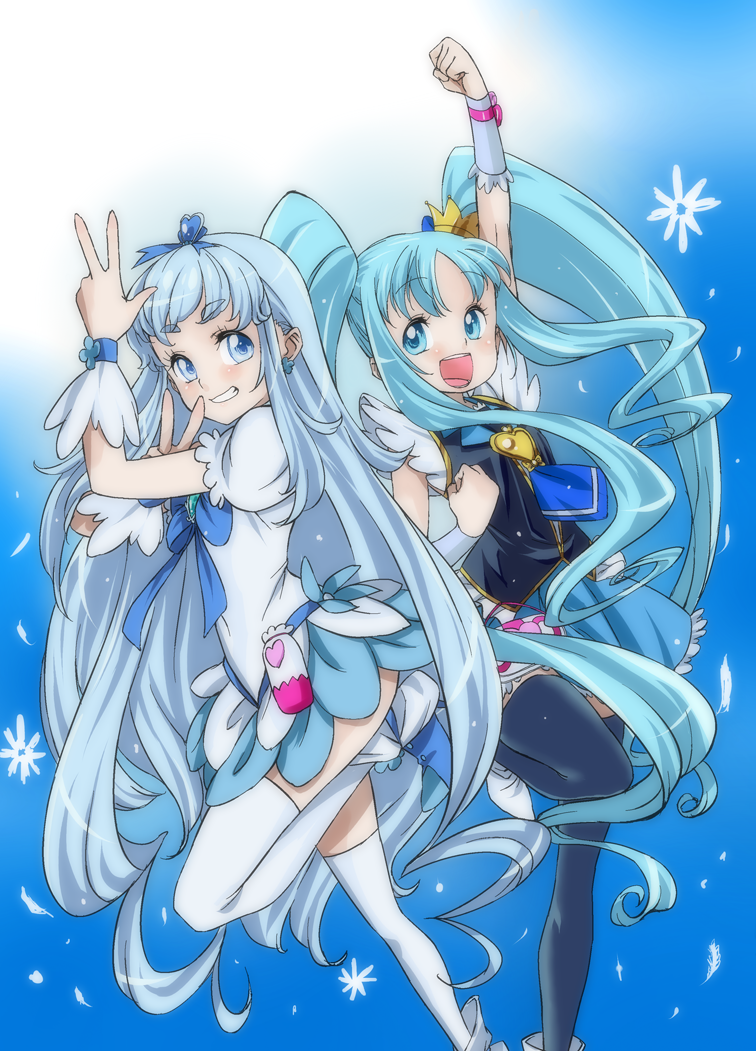 2girls, arm_up, black_legwear, blue_eyes, blue_hair, color_connection, crown, cure_marine, cure_princess, happinesscharge_precure!, heartcatch_precure!, humiu, kurumi_erika, long_hair, magical_girl, multiple_girls, open_mouth, precure, shirayuki_hime, skirt, thighhighs, twintails, v, very_long_hair, white_legwear, wrist_cuffs