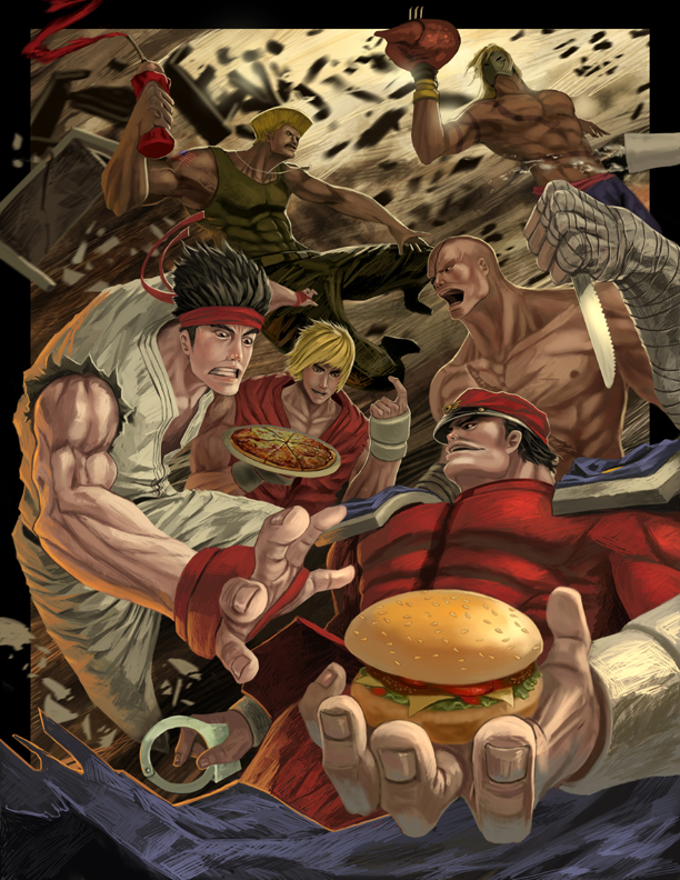 america, bald, balrog, black_hair, blonde_hair, capcom, claws, crate, cuffs, dog_tags, dogtags, epic, eyepatch, food, guile, hamburger, handcuffs, hat, headband, jessada-nuy, jessada_sutthi, ken_masters, ketchup, knife, m_bison, male, mask, muscle, parody, pizza, ryu, ryuu_(street_fighter), sagat, scar, short_hair, street_fighter, tattoo, turkey, vega