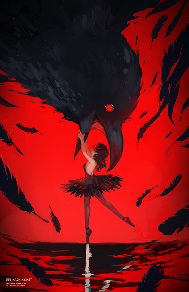 ballerina, bird, black_hair, dress, feathers, loika, princess_tutu, raven