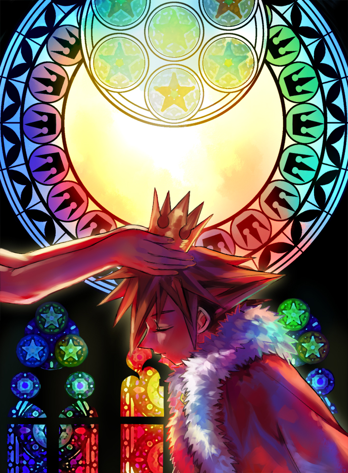 1boy, brown_hair, closed_eyes, crown, kingdom_hearts, robe, solo, sora_(kingdom_hearts)