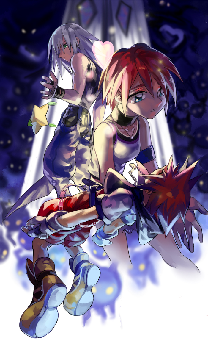 1girl, 2boys, blue_eyes, brown_hair, chain_necklace, closed_eyes, fingerless_gloves, gloves