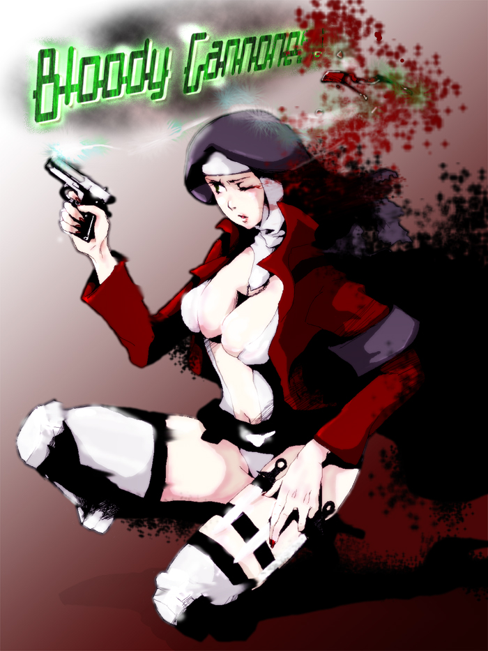 1girl, blood, blue_eyes, boss_(saints_row), breasts, center_opening, cleavage, gun, habit, holster, jacket, knee_pads, kneeling, knife, leotard, nail_polish, navel, pistol, red_jacket, saints_row, saints_row:_the_third, solo, sunglasses_removed, thigh_holster, thighhighs, weapon, zaka_zakka