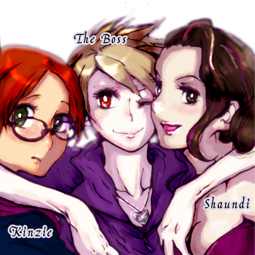 3girls, amulet, arm_around_neck, boss_(saints_row), brown_hair, glasses, green_eyes, hoodie, kinzie_kensington, lipstick, lowres, makeup, multiple_girls, red_eyes, redhead, saints_row, saints_row:_the_third, shaundi, short_hair, smile, wink, zaka_zakka
