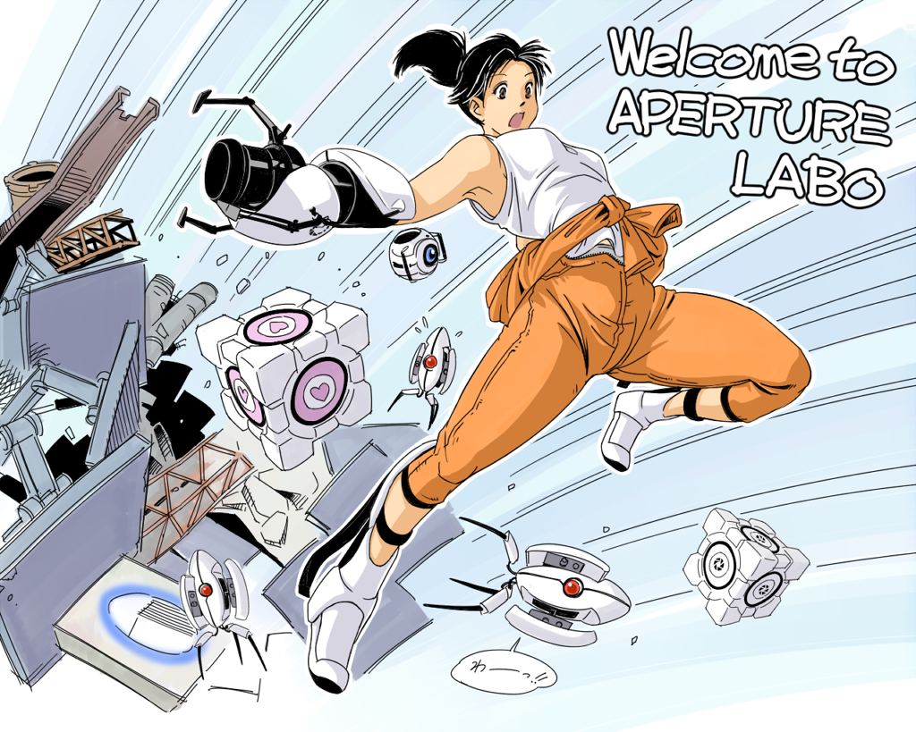 1girl, aoino_broome, aperture_science_advanced_knee_replacement, aperture_science_handheld_portal_device, black_hair, boots, breasts, chell, clothes_around_waist, emphasis_lines, jumpsuit, ponytail, portal, portal_2, sleeveless, tank_top, turret_(portal), weighted_companion_cube, wheatley