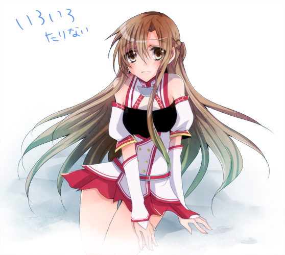 1girl, asuna_(sao), blush, brown_eyes, brown_hair, detached_sleeves, long_hair, solo