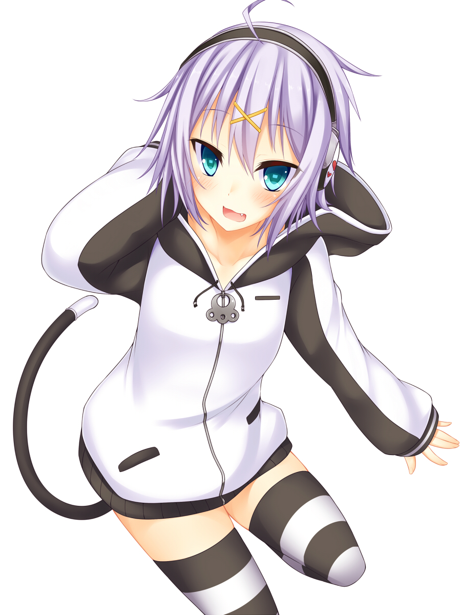 1girl, :d, ahoge, black_legwear, blue_eyes, blush, fang, hair_ornament