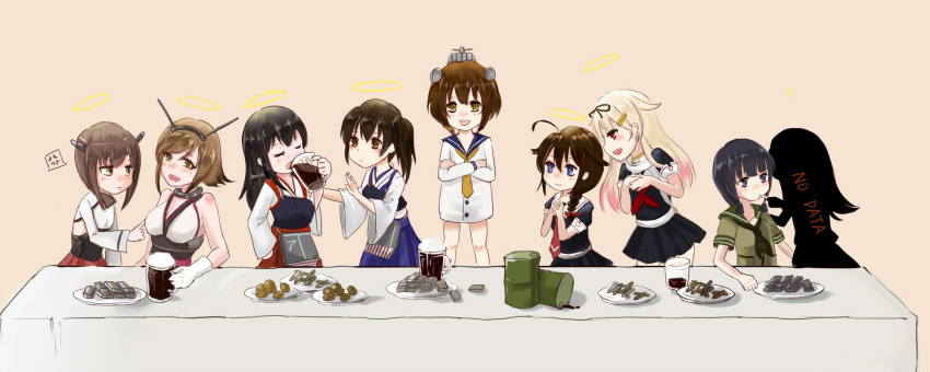 6+girls, akagi_(kantai_collection), bangs, bare_shoulders, bauxite, black_eyes, black_hair, blonde_hair