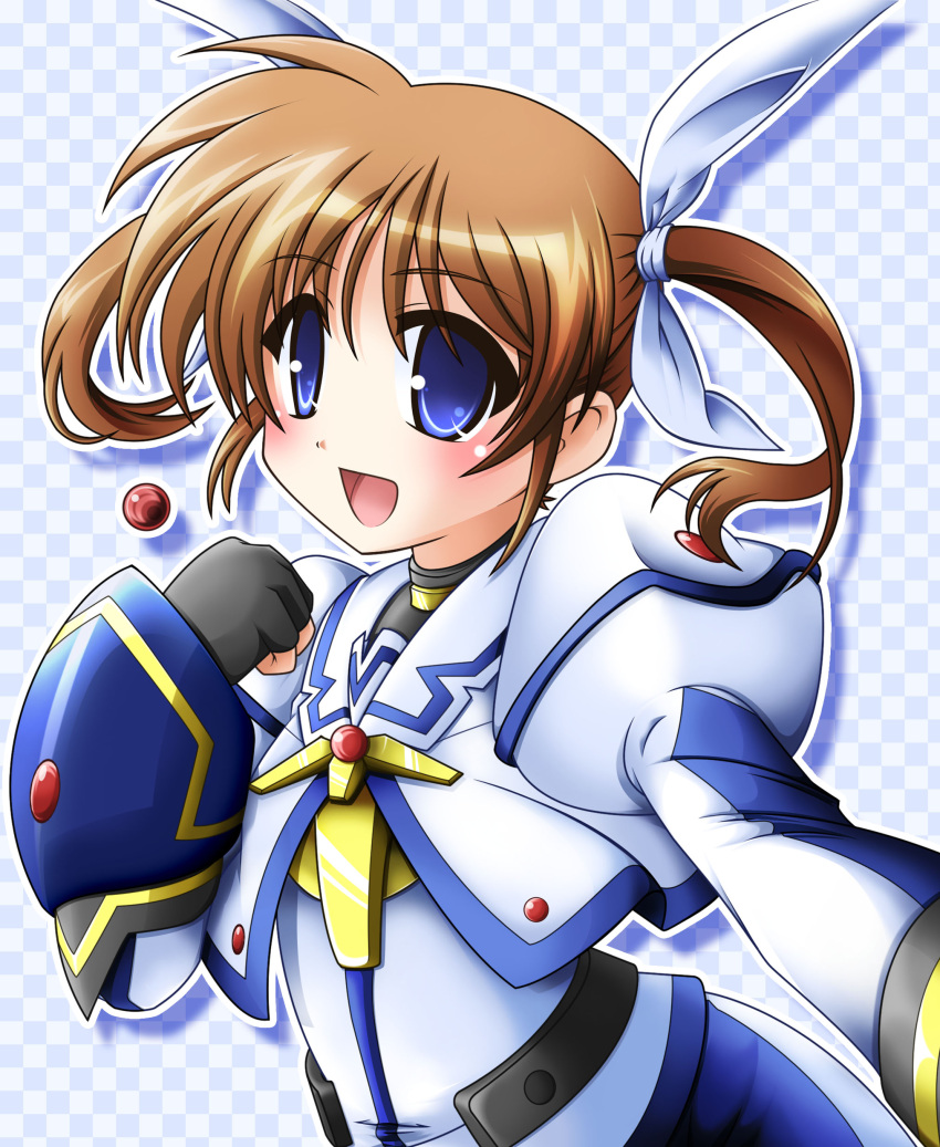 1girl, absurdres, bad_id, blue_eyes, bow, brown_hair, bust, checkered, checkered_background, female, gloves, hair_bow, highres, jewelry, long_hair, lyrical_nanoha, magical_girl, mahou_shoujo_lyrical_nanoha_strikers, open_mouth, pi-bow, puffy_sleeves, raising_heart, solo, takamachi_nanoha, twintails
