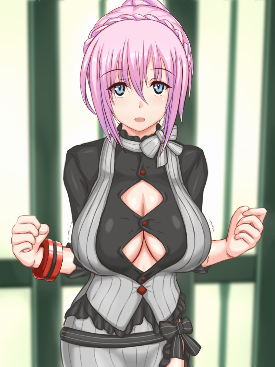 1girl, alternate_costume, blue_eyes, blush, braid, breasts, bursting_breasts, choker