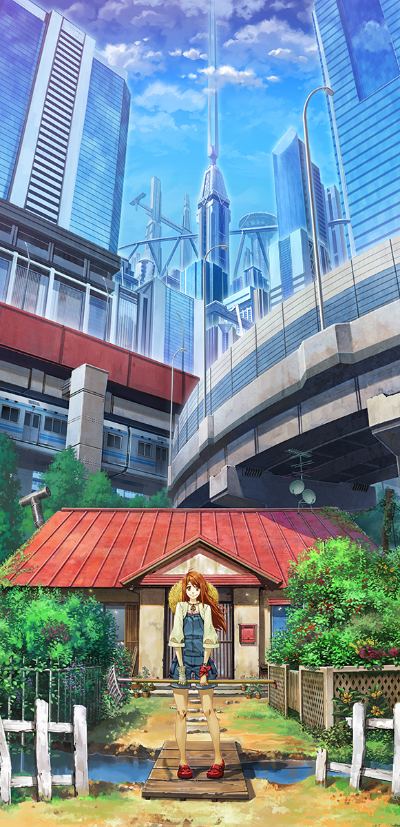 1girl, brown_eyes, brown_hair, cityscape, hat, highres, house, long_hair
