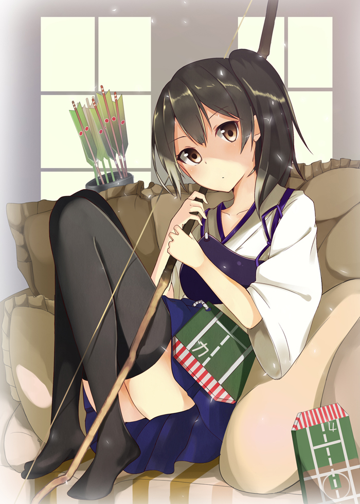 1girl, arrow, black_legwear, bow_(weapon), brown_eyes, brown_hair, japanese_clothes, kaga_(kantai_collection)
