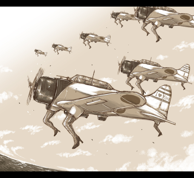 aichi_d3a, airplane, bomber, clouds, dive_bomber, fishnet_legwear, fishnets, flying