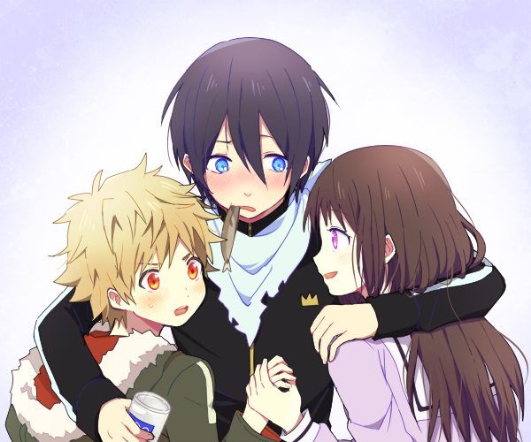 1girl, 2boys, blonde_hair, blue_eyes, blush, brown_hair, eating, fish, fur_coat, holding_hands, iki_hiyori, inasaba, long_hair, long_sleeves, multiple_boys, noragami, orange_eyes, pink_eyes, purple_hair, scarf, short_hair, smile, sweatdrop, track_jacket, yato_(noragami), yukine_(noragami)