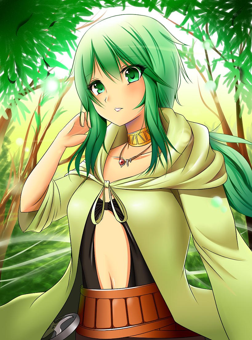 1girl, blush, breasts, caam_serenity_of_gusto, collar, duel_monster, green_eyes, green_hair, hikaru49831115, jacket, jewelry, long_hair, looking_at_viewer, midriff, navel, solo, yuu-gi-ou
